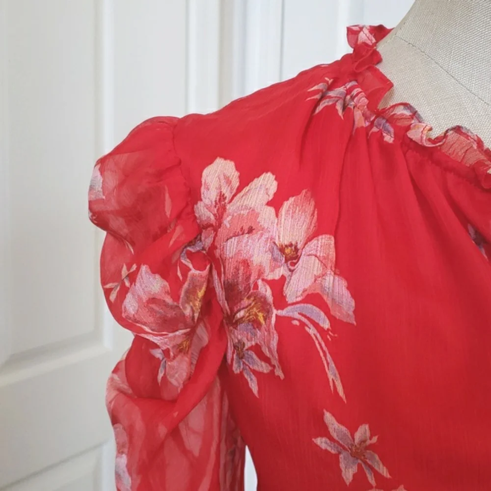 CeCe Cherry Rose Lava Red Floral Print V-Neck Blouse Sheer Ruched Sleeve Small - Picture 6 of 11